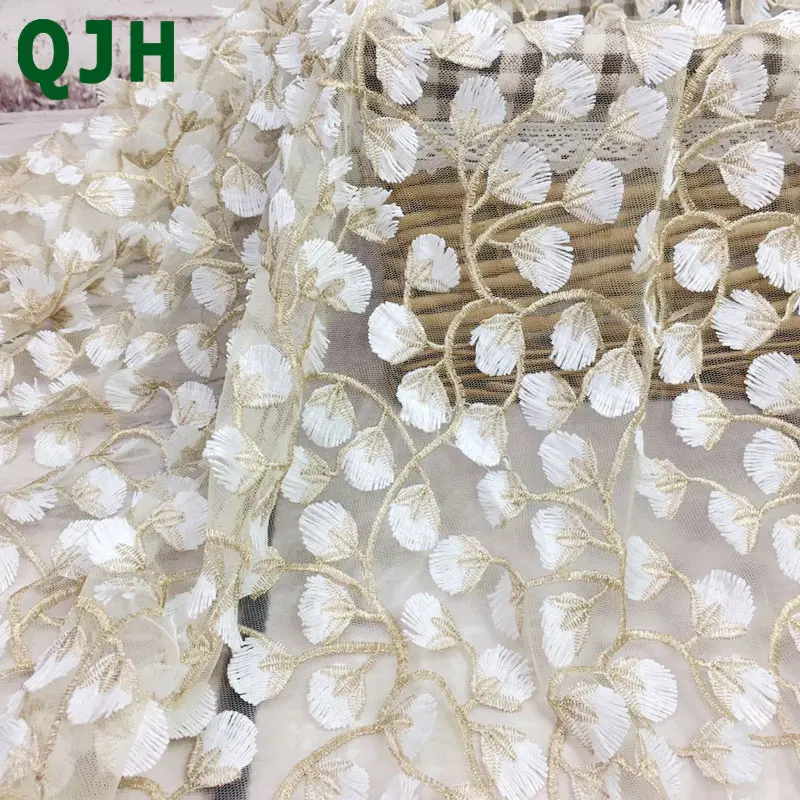 QJH бежевая французская кружевная ткань, африканская швейная Тюлевая кружевная ткань, классическая и уникальная 3D вышивка, Высококачественная кружевная ткань для одежды