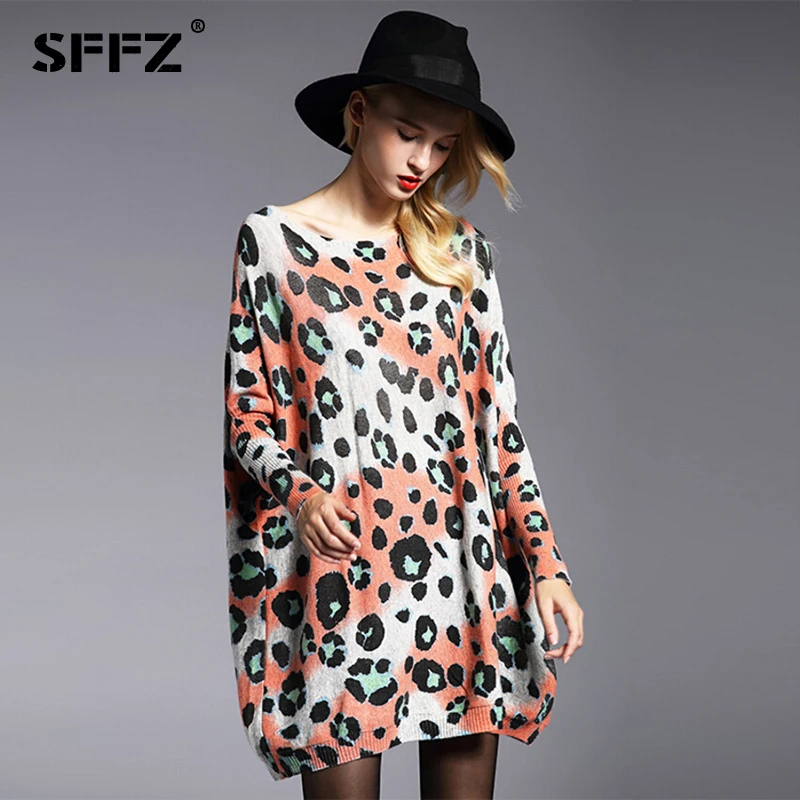 Женский Длинный свитер с леопардовым принтом SFFZ повседневный Трикотажный Свитер