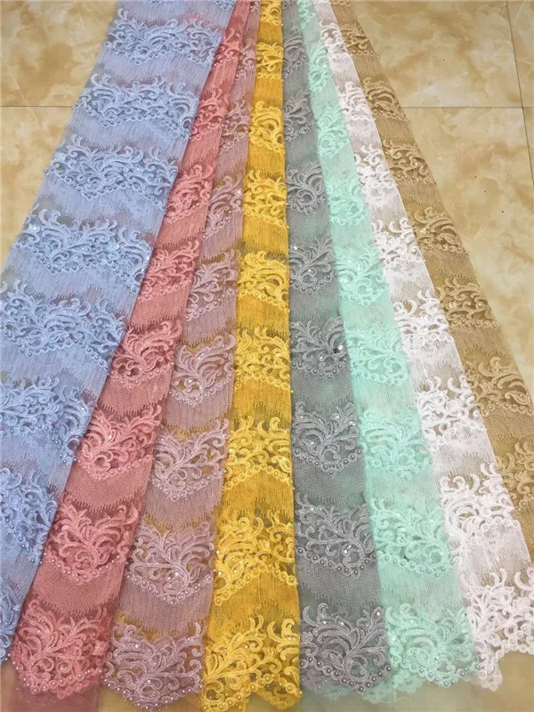 

2019 tulle lace fabric with sequin beads lace trim African french net lace fabric high quality for evening dress green, gold