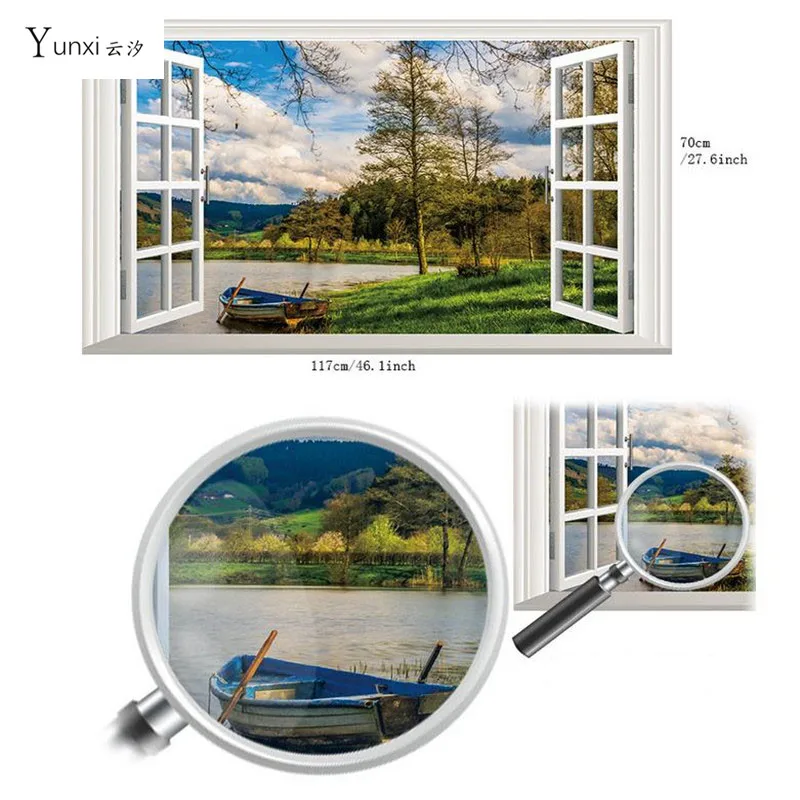 Yunxi Новый 3D Lakeside лодка поддельные окна наклейки стикеры стены PVC спальня гостиная