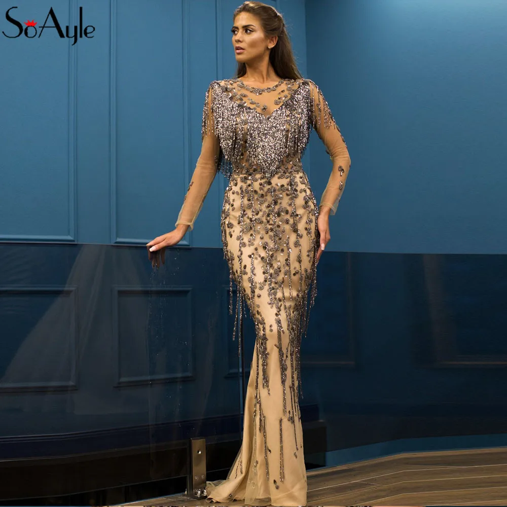 

SoAyle Luxury Evening Dresses 2018 Contrast Color Beaded Dress vestido de Festa Long Sleeves Prom Dresses Evening Party dress