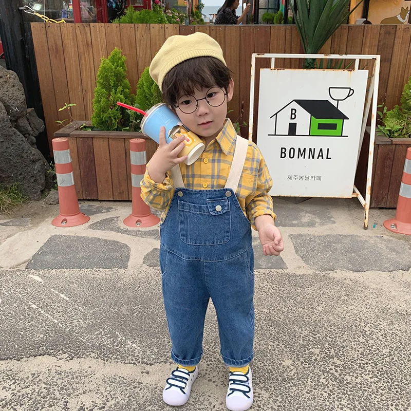 Autumn kids fashion Ribbon straps denim overalls boys girls all-match 2 colors suspender trousers 1-6Y | Мать и ребенок