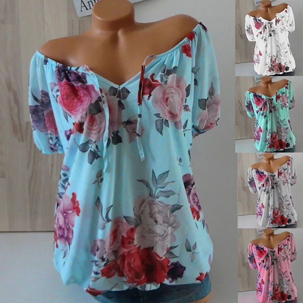 Женская Свободная блузка с круглым вырезом и коротким рукавом больших размеров