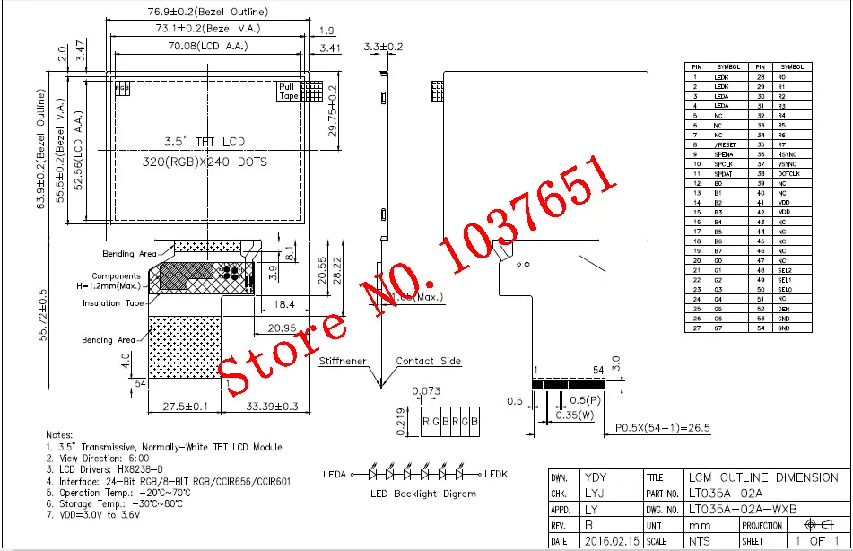 Yuxian 1 шт. 3," 3,5 дюймов TFT цветной ЖК-дисплей панель 320*240 RGB HX8238 ttl интерфейс 54 контакта 0,5 мм Шаг LT035A-02A LQ035NC111
