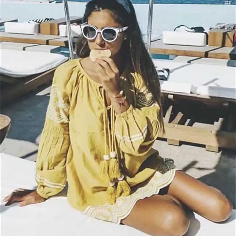 Orang boho мини платье винтажное хлопковое с цветочной вышивкой шикарный фонарь с кисточкой с длинным рукавом Повседневные платья хиппи женское платье