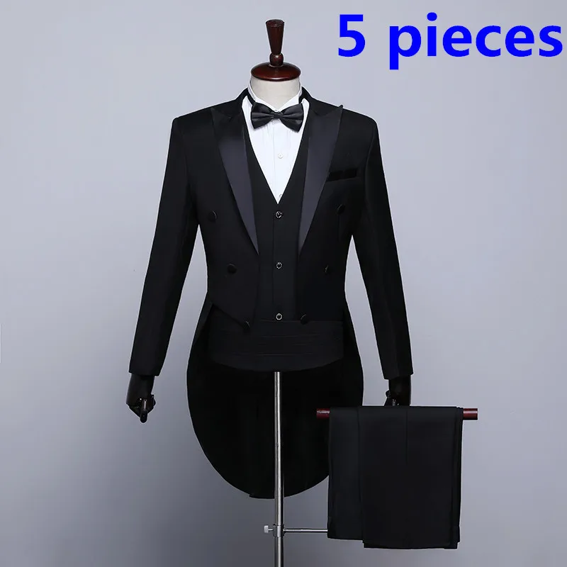 5pcs set black PYJTRL мужской Классические черные и белые Темно-синие фрак смокинг Свадебные, для жениха костюмы для Для мужчин выходные туфли на выпускной бал Банкетный сценические костюмы певцов - Цвет: 5pcs set black