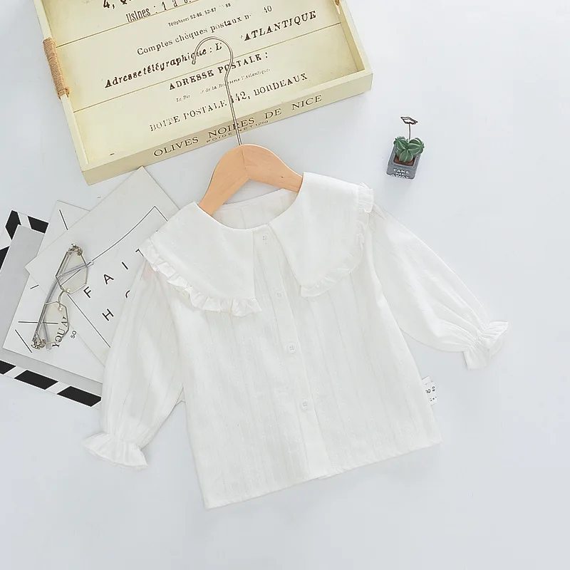 Dollplus/детские белые рубашки для маленьких девочек; Осенняя детская одежда с длинными рукавами; милые топы для малышей; блузки с оборками и отложным воротником для девочек