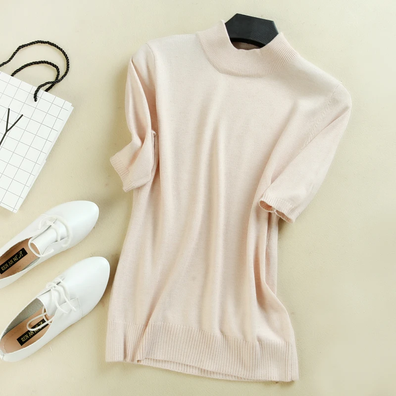 2019 new wool knit short-sleeved female half-high collar thin section Slim large size wild fashion pullover | Женская одежда