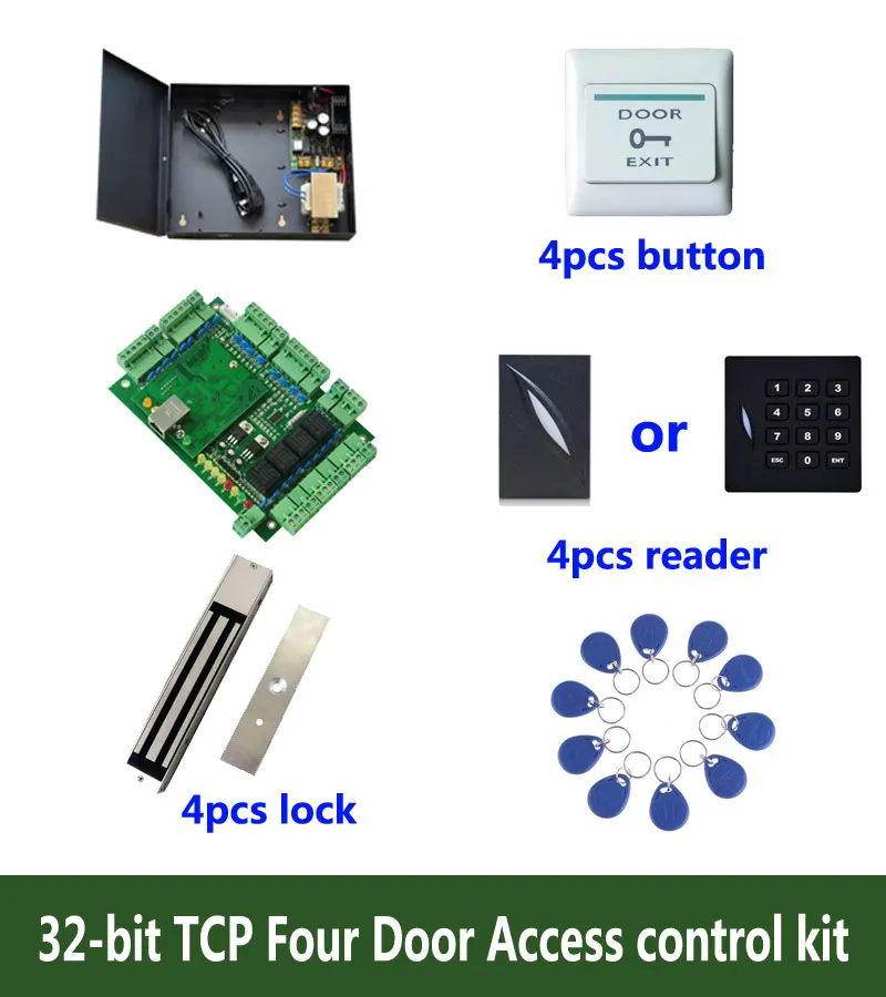 

Набор для контроля доступа RFID 32 бит, четырехдверный контроллер доступа TCP + Powercase + Магнитный Замок 280 кг + считыватель ID + кнопка + идентификационная метка 10, Sn:Kit-T406