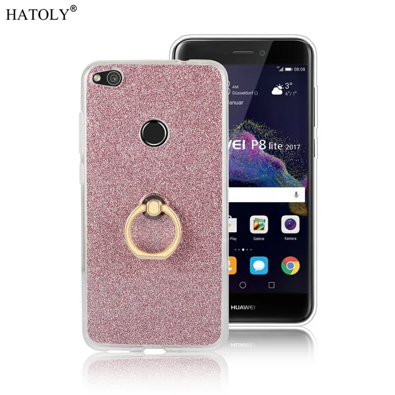 Huawei P8 Lite 2017 Case Shiny Glitter Bling Silicon Phone Cover Soft Finger Ring Bracket Back |