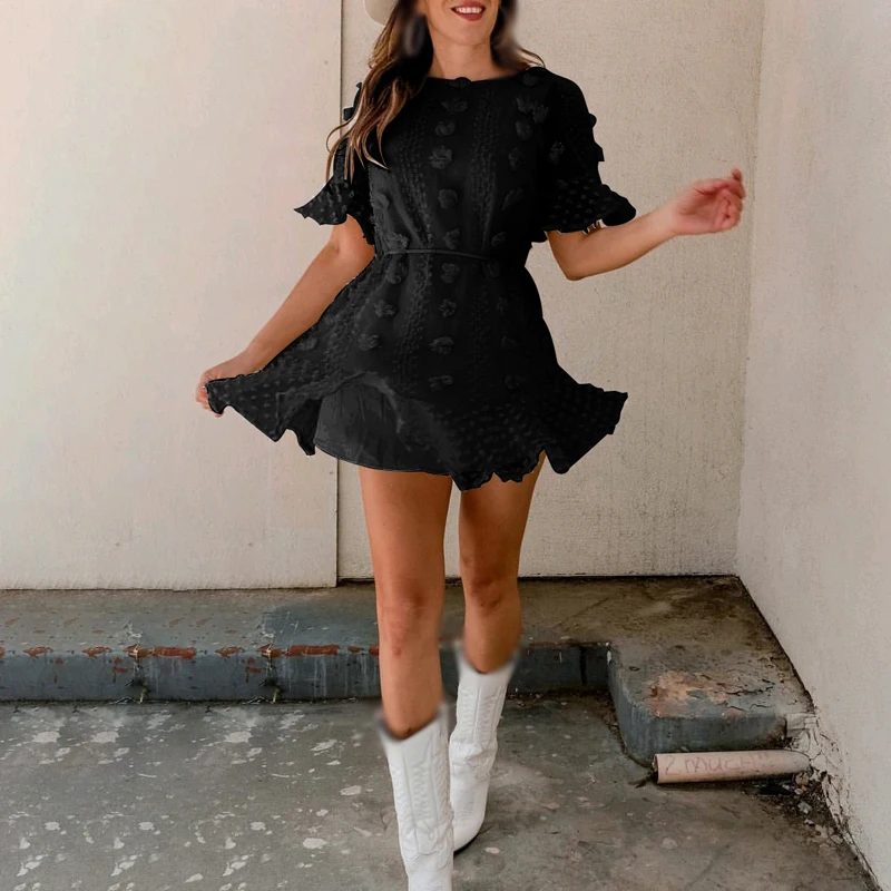 Ruffled Mini Dress Summer Women's Round Neck Short Sleeve Embossed Holiday Beach | Женская одежда