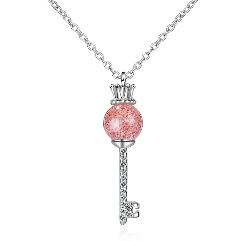 

KOFSAC Popular Silver 925 Chain Necklaces For Women Jewelry Luxury Pink Crystal Crown Key Pendant Necklace Girl Birthday Gifts