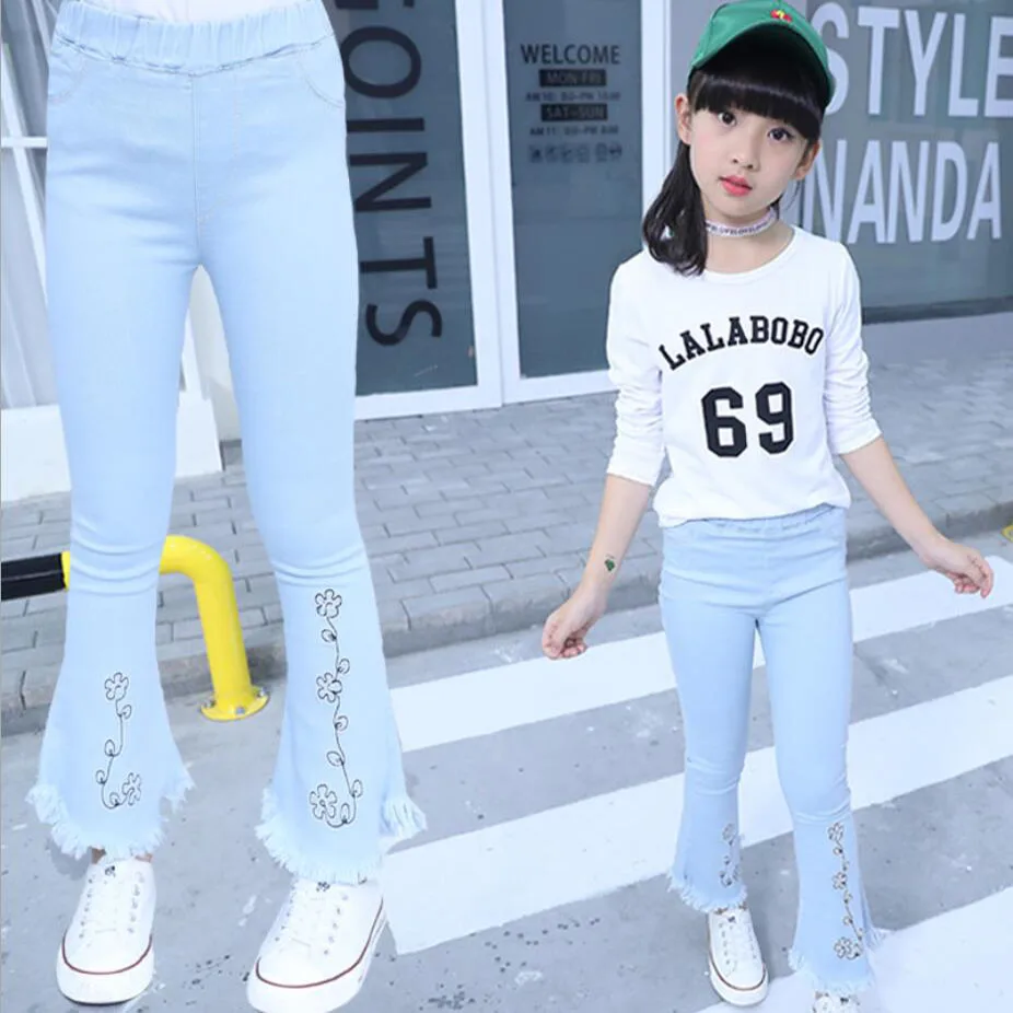 Для девочек белый весна Штаны Дети до пят Хлопковые джинсы От 3 11 лет джинсовые
