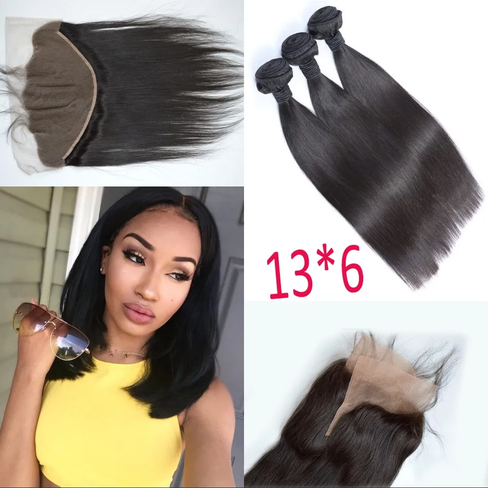 Европейские Прямые Волосы 3 Связки С Кружево Фронтальной 13*6 Уха до Кружева