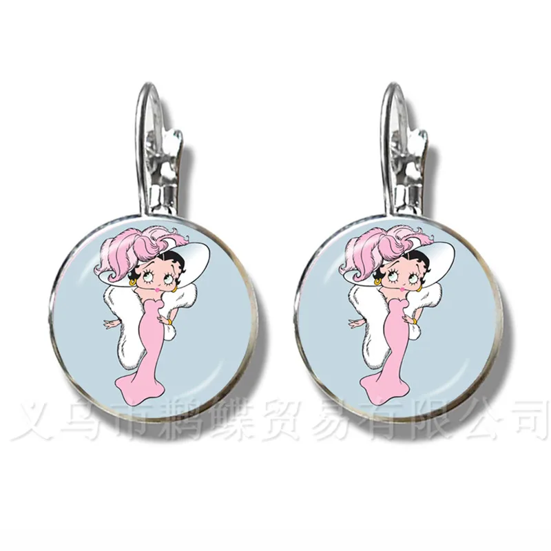 

Romantic Background Sexy Betty Boop Series Pattern Glass Dome Earrings DIY Charms Silver Plated Earrings For Women Gift