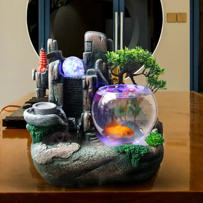 110V-220V Vintage Resin Water Fountain Small Fish Tank Office Desktop Decor Waterscape Bonsai Feng Shui Ornament Crafts | Дом и сад