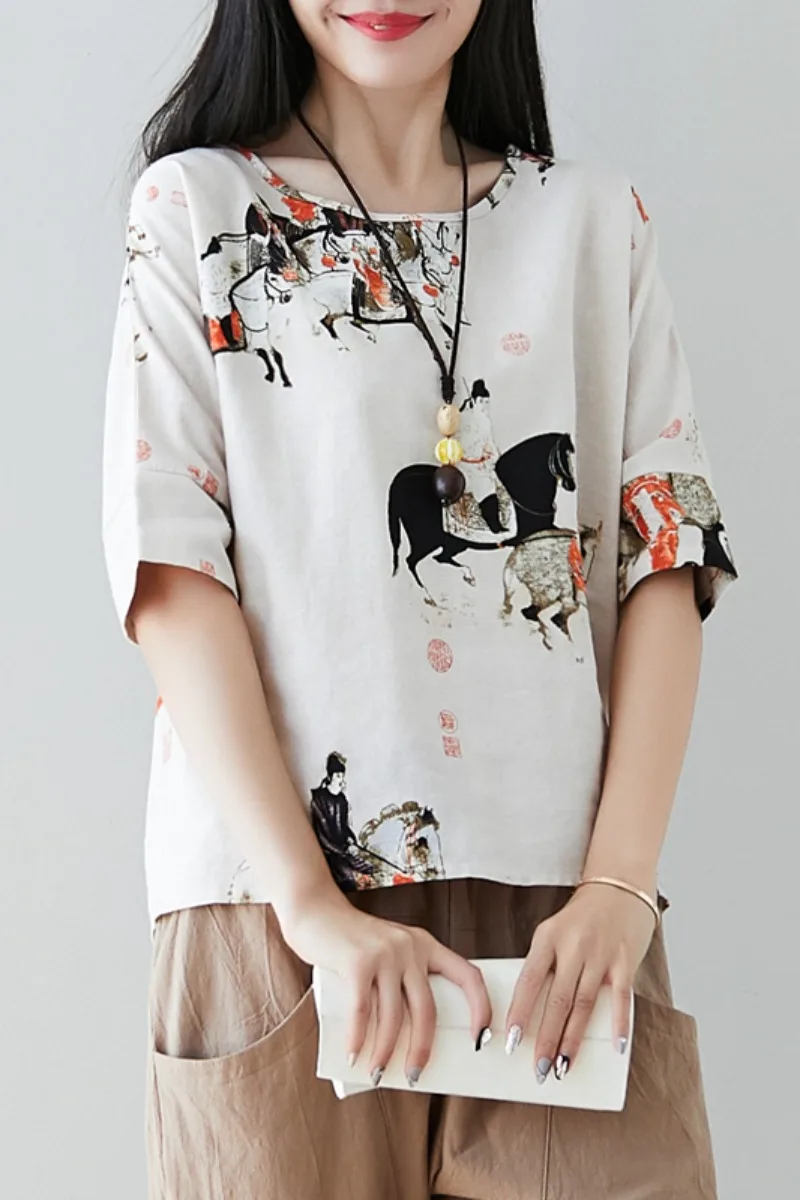 Женская хлопковая льняная блузка винтажная Повседневная Свободная с