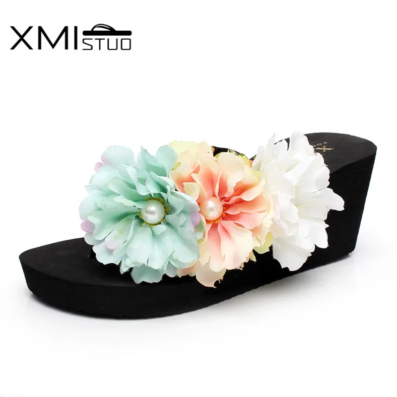 Шлепанцы XMISTUO XM12019 женские пляжные мягкие сланцы высокий каблук 7 см в богемном