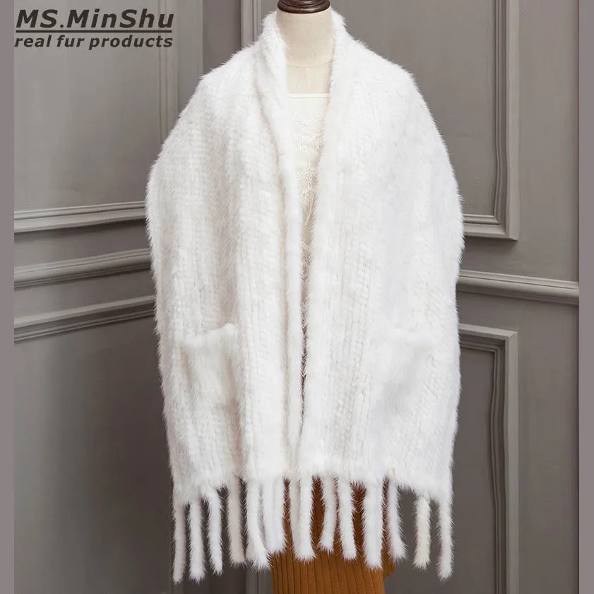 Женская шаль из меха норки MS.minshu коричневая большого размера ручной вязки Модное