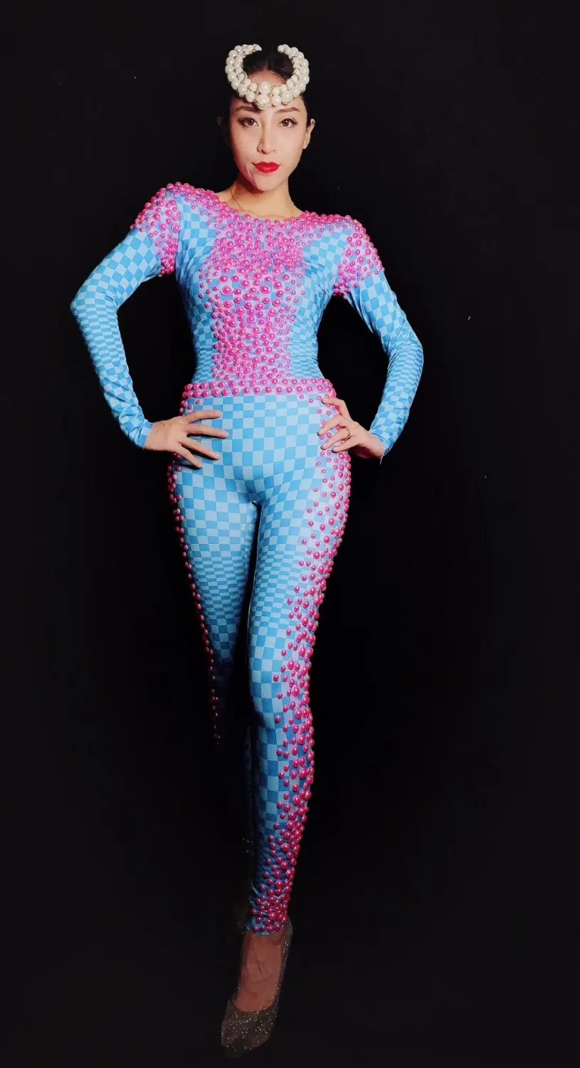 Новые женские синий плед печати пикантные розовые бисер комбинезон с камнями для