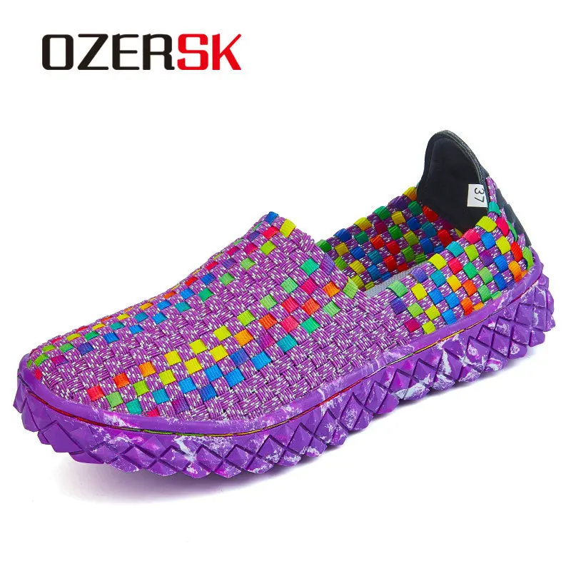 Purple OZERSK/Брендовые женские повседневные лоферы; дышащая Летняя обувь на плоской подошве; женская повседневная обувь без застежки; Новинка; Zapatillas; обувь на плоской подошве; Размеры 35-44 - Цвет: Purple