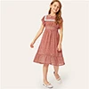 SHEIN/милое платье в горошек с контрастными кружевными манжетами для девочек г. Летнее милое ТРАПЕЦИЕВИДНОЕ расклешенное платье миди с рукавами «летучая мышь»