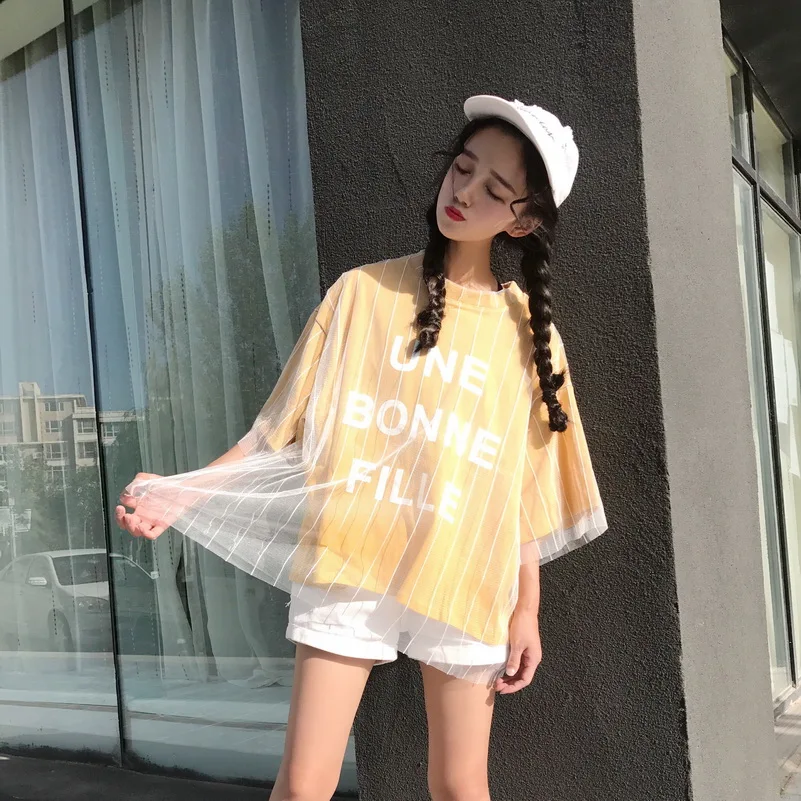 YouGeMan женские летние топы корейский стиль Ulzzang Harajuku сетка пэчворк поддельные 2 шт принт короткий рукав Футболка женская