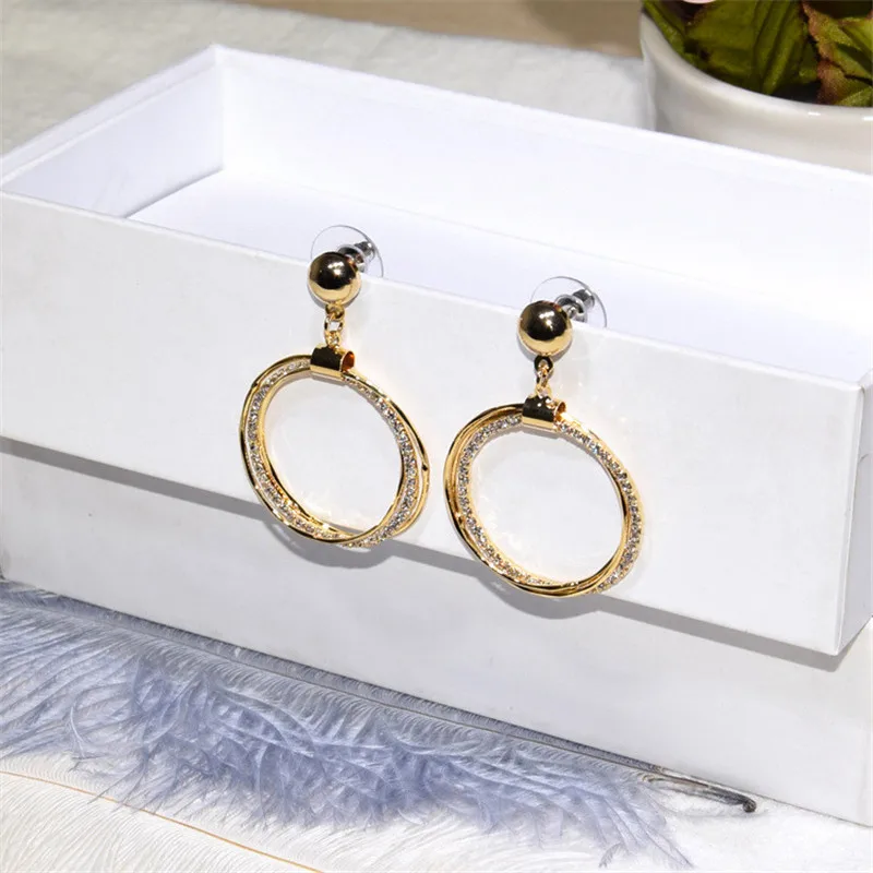 Женские серьги подвески Ajojewel простые круглые Золотого Круга со стразами оптовая
