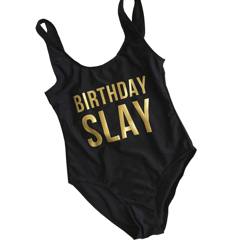 Купальник со слоганом &quotBirthday Slay&quot купальный костюм с принтом цельный черного и