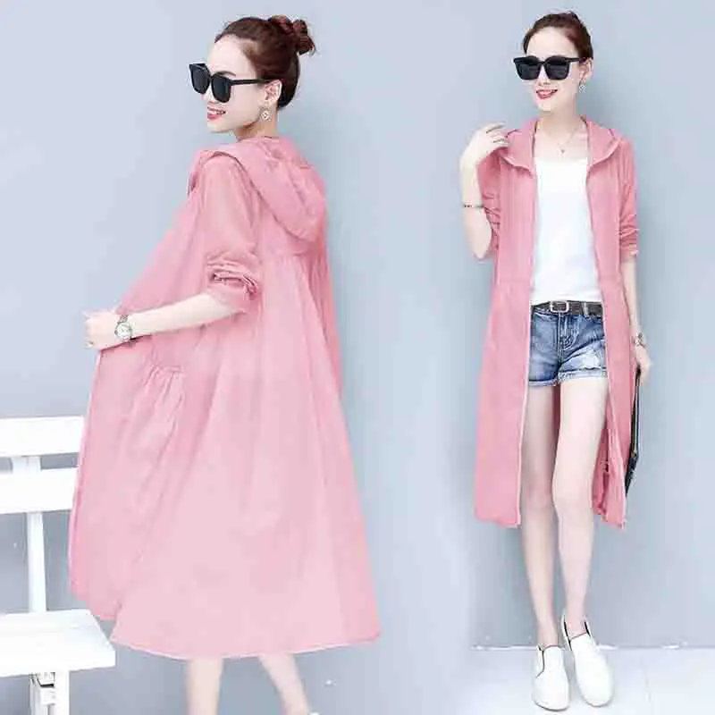 

2019 Summer Women's Casual Hooded Sun Protection Clothing Plus Size Thin Female Long Coat Loose Sunscreen Jacket Zipper Pockets