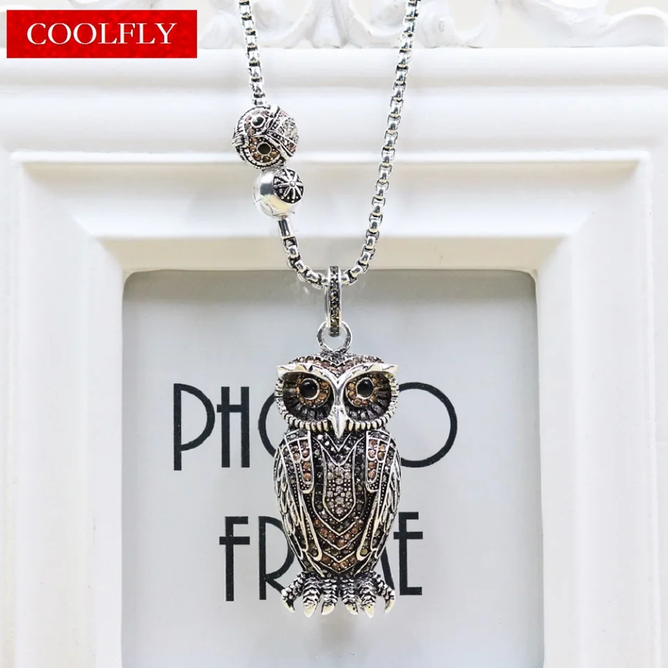Big Owl Pendant Link Chain Necklaces Small Bead Trendy Style 925 Sterling Silver Glam Jewelry For Women Vintage Gift Bijoux | Украшения и