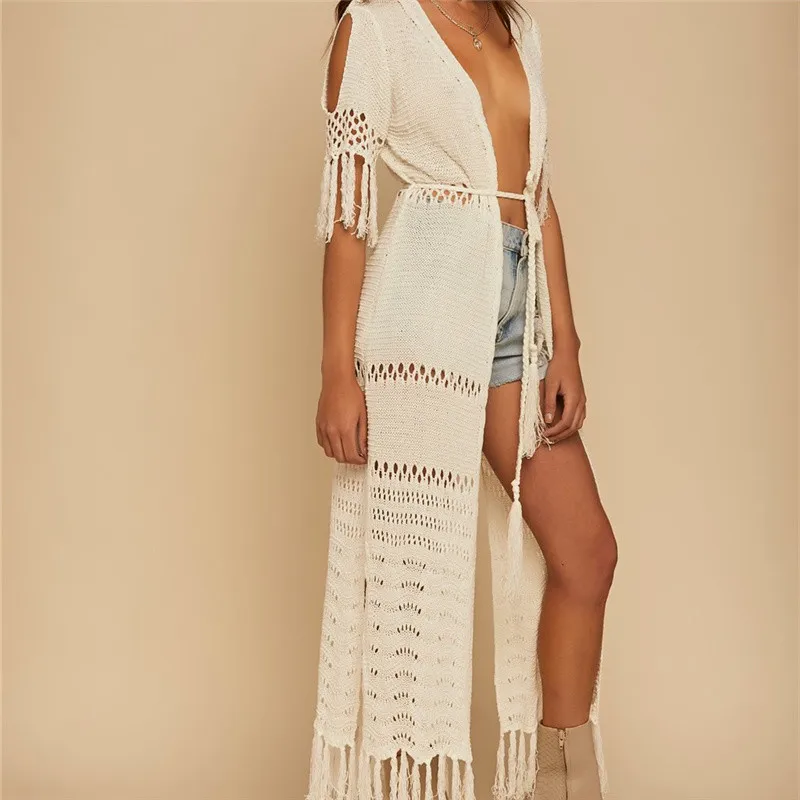 

Women Knitted Bikini Cover Up Hollow Out Crochet Beach Tunic Dress With Drawstring Tassels Holiday Clothes Long Beach Cardigan