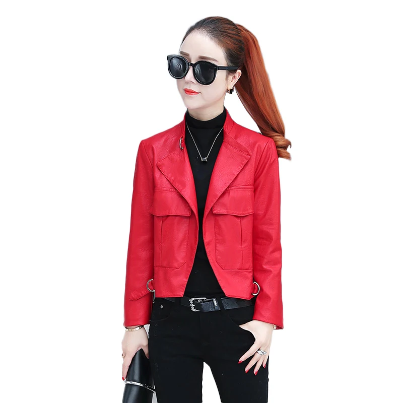 Женская короткая куртка из ПУ кожи повседневная байкерская с отложным