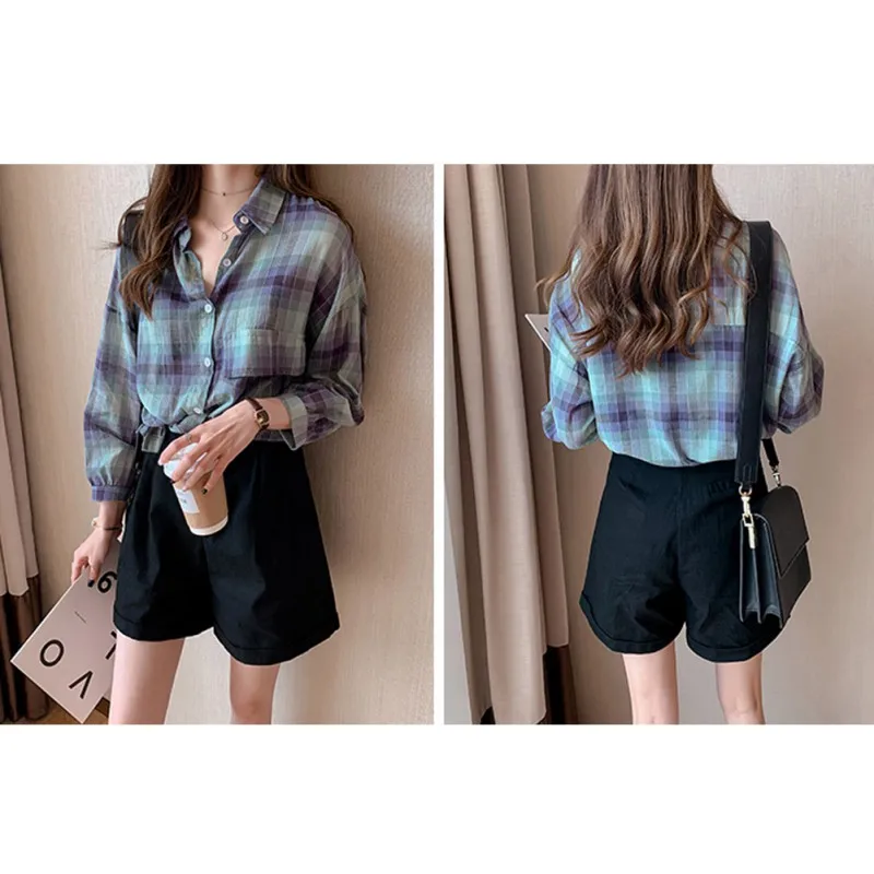 Модная женская блузка в клетку с принтом Рубашка отворотом свободные длинным