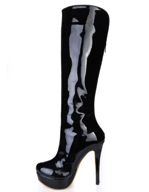 Black Patent Leather Новые кожаные сапоги; женские повседневные Сапоги выше колена на платформе и высоком каблуке; женские туфли-лодочки; женские высокие сапоги на шпильке; зимняя обувь - Цвет: Black Patent Leather