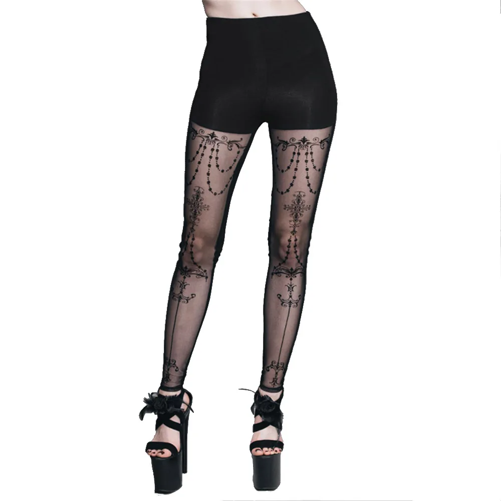 

Gothic Jacquard Women Thin Sexy Leggings Punk Black Stitched Long Trousers Tranparent Printing Bodycon Slim Leggings