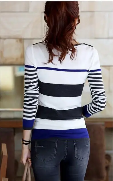 pullover Sweater Free shipping fashion sweater stitching Slim round neck long-sleeved striped shirt 8826 | Женская одежда