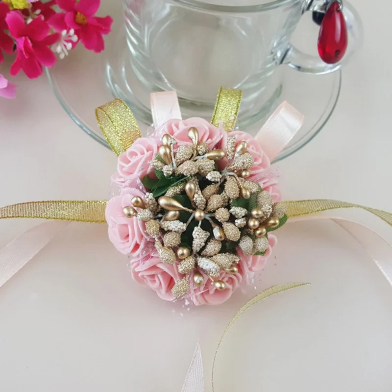 Red Gold Beads Ручной цветы Искусственные Свадебные цветы искусственный цветок на запястье для подружки невесты сестры свадебные декорации цветок - Цвет: Red Gold Beads