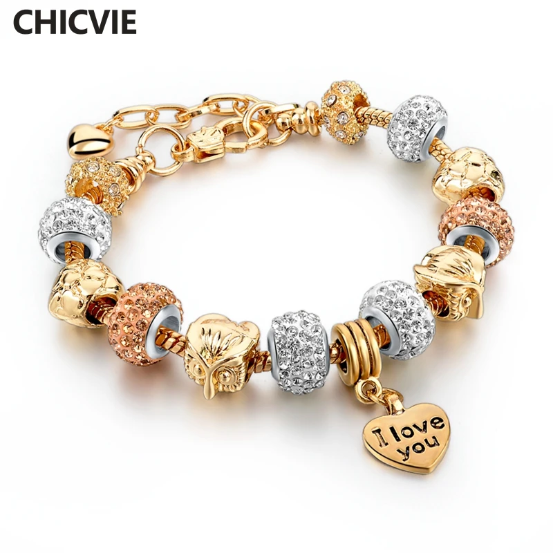 

CHICVIE NEW Gold Color Love Charms Personaliz Bracelets & Bangles For Women Crystal Beads Bracelet Femme Brand Jewelry SBR160040