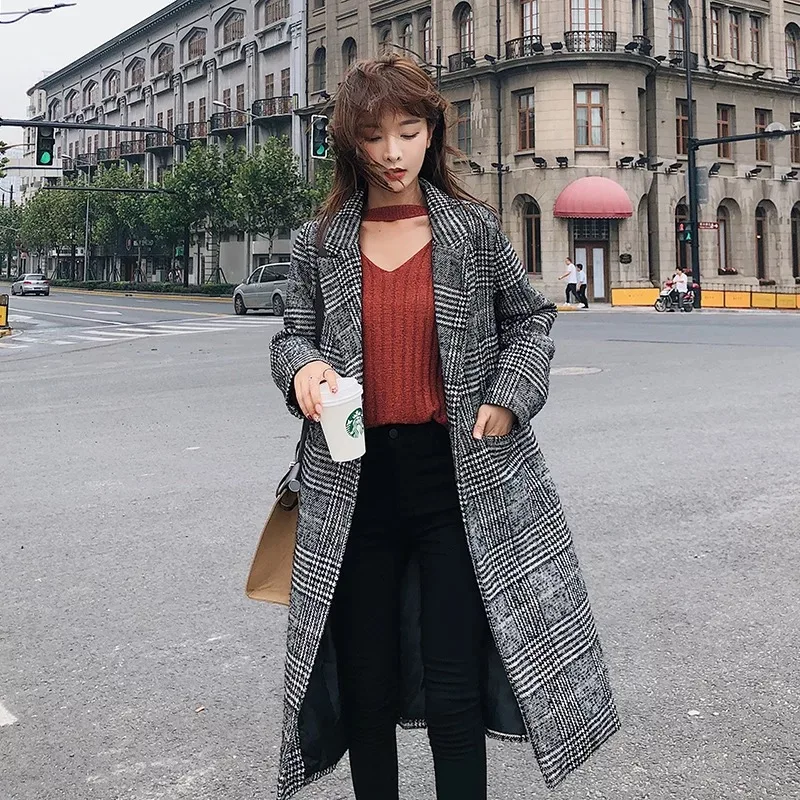 2018 осенне зимняя новая модная Женская Толстая длинная клетчатая куртка