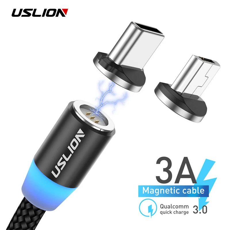 USLION Micro USB Магнитный кабель type-C Магнитный кабель для зарядки телефона 1 м 3 А Быстрая зарядка Android type C провод для huawei P30 samsung