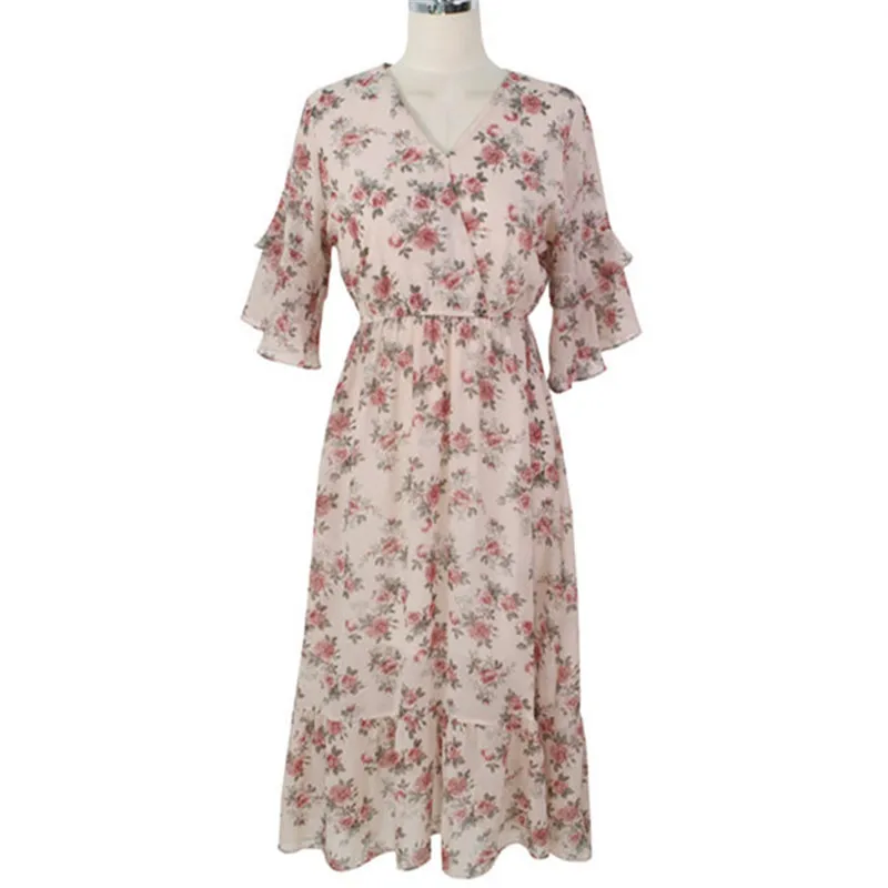 pink Большие размеры, летнее платье для девочек, Boho, вечерние, женские, винтажные платья, шифоновое, синее, розовое, с принтом, с коротким рукавом, женские платья, LongRobe Vestido - Цвет: pink