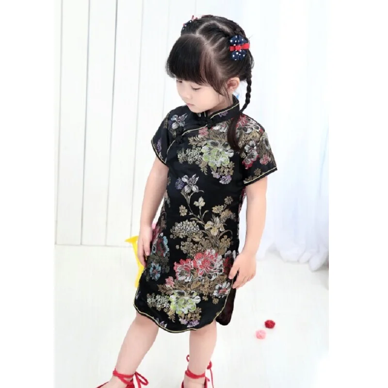 Peony Black Girl Fashion Dress New Year Gift Chinese Qipao For Young 2-16Years Vestidos Children Clothes Top Quality | Детская одежда и