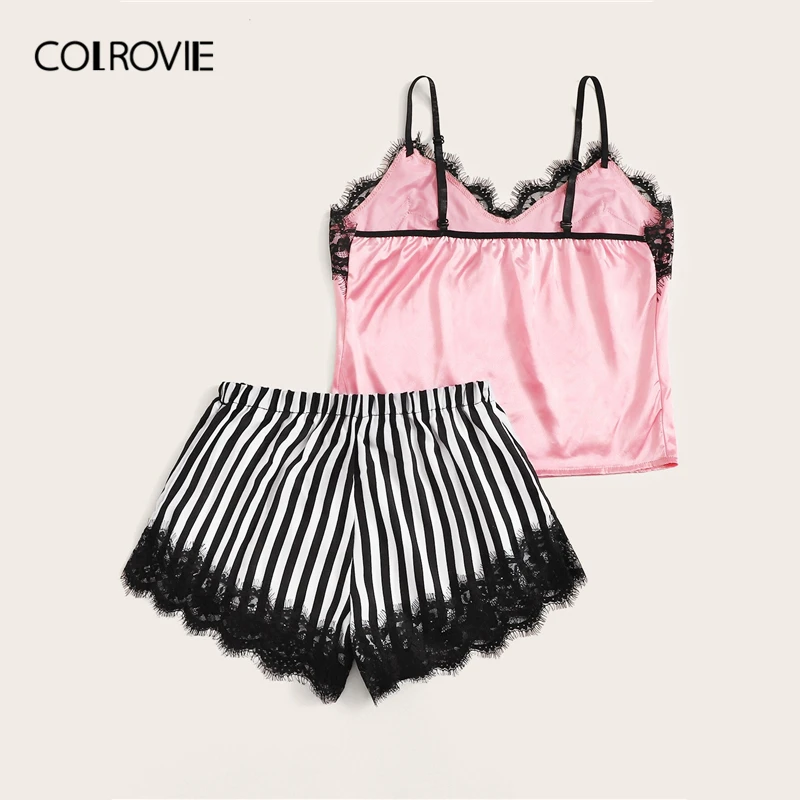COLROVIE кружевная атласная майка с полосатыми шортами, женская пижама, комплект сексуальной Пижамы, летний комплект женских шорт, одежда для сна