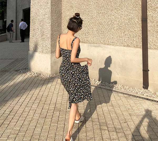 Шелковое летнее платье с цветочным принтом черное платье на бретельках Vestidos тонкое платье без рукавов