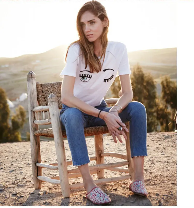 Летняя Высококачественная Новая женская хлопковая Футболка SexeMara Chiara Ferragni с принтом Больших Глаз, повседневные топы с короткими рукавами