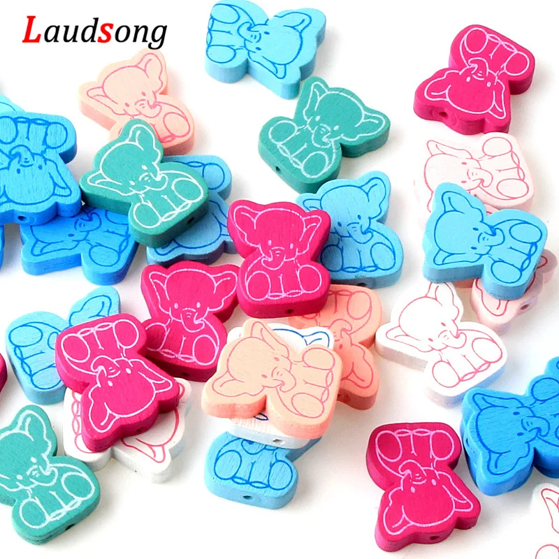 

30Pcs Mixed Color Elephant Natural Wooden Beads For Jewelry Making Kids Toys Wood Spacer Beads Baby Gift 20x25mm