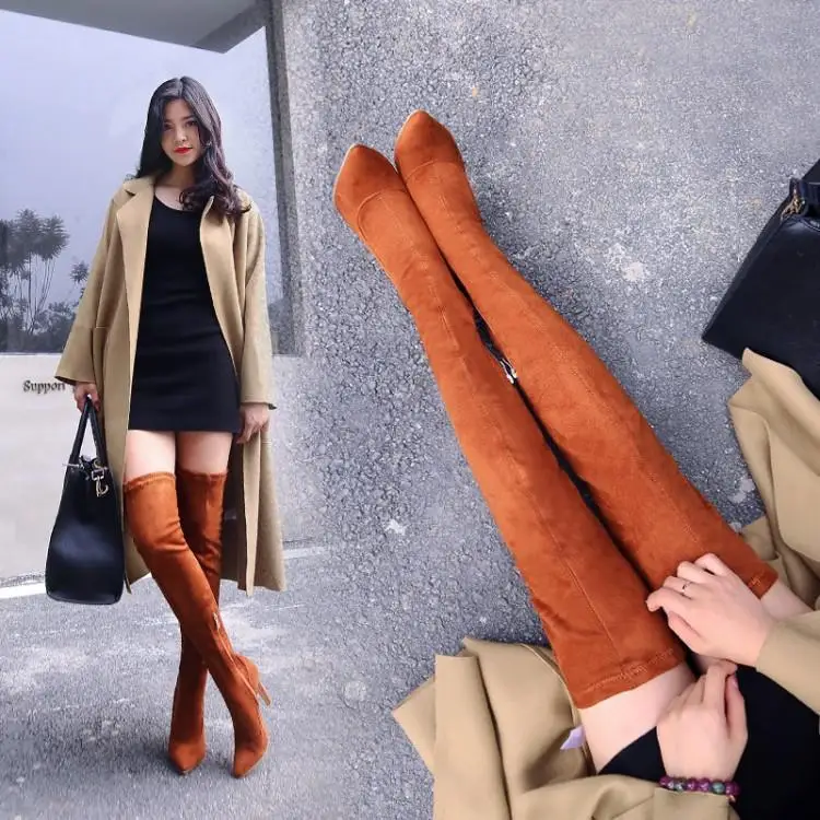 

GOXPACER Winter Boots Women Shoes Women Over The Knee Pointed Toe Long Tube Flock Fashion Snow Boots Female All Match Elastic