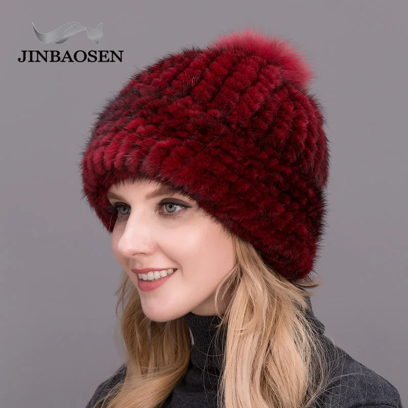 JINBAOSEN новая Толстая шапка женская зимняя вязаная с помпоном из лисьего меха