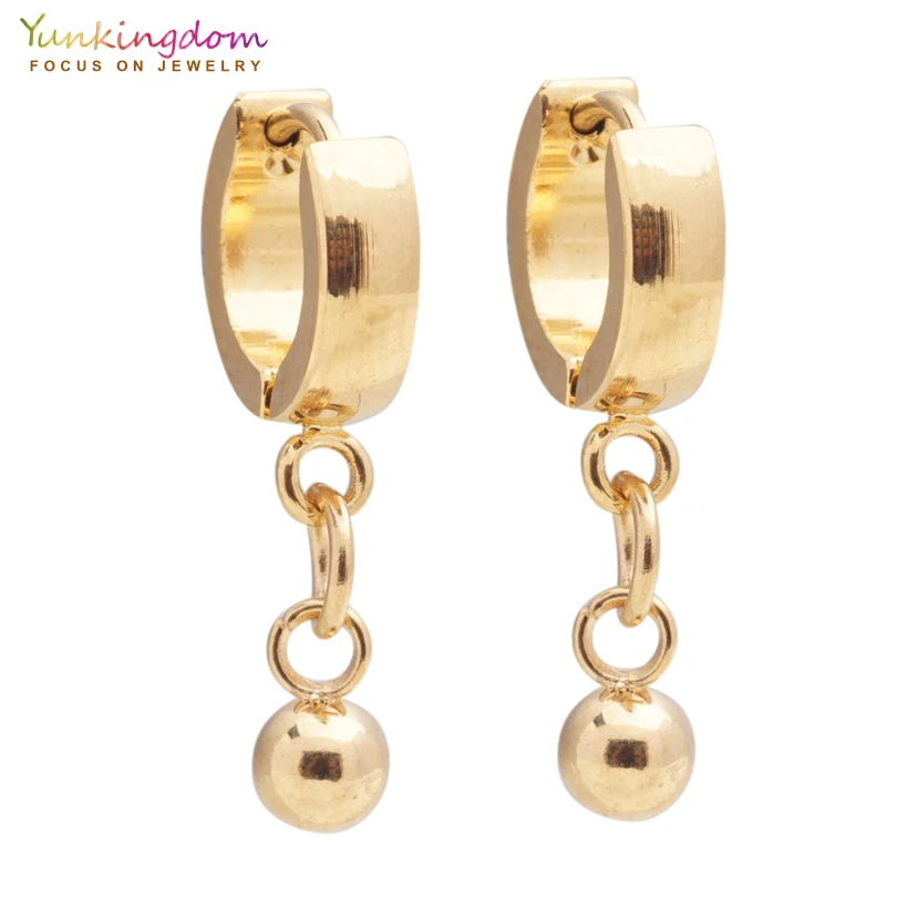 

Yunkingdom wholesale new 2018 jewelry long earrings stainless steel gold color ball hoop earrings for women UE0304